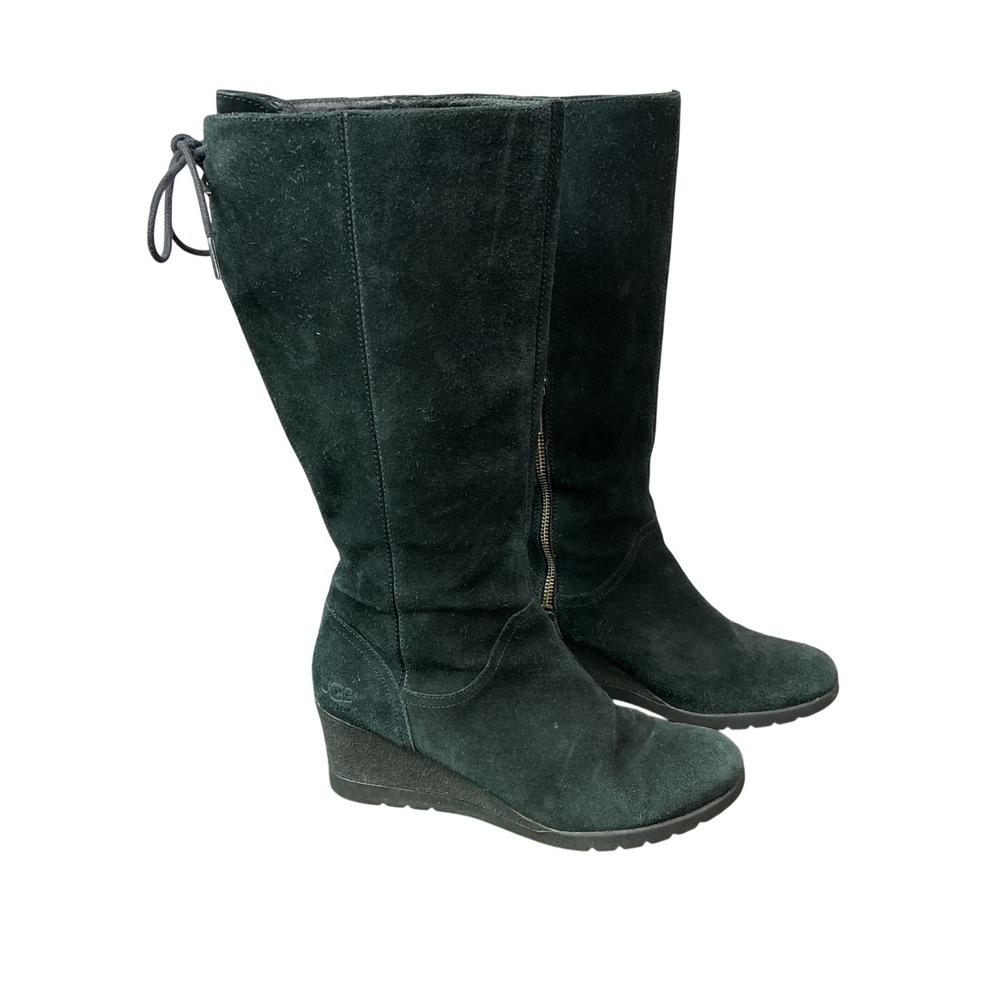 UGG Black Waterproof Suede Wedge Tall Boots 1013428 Womens 8.5 Zip Back Lace